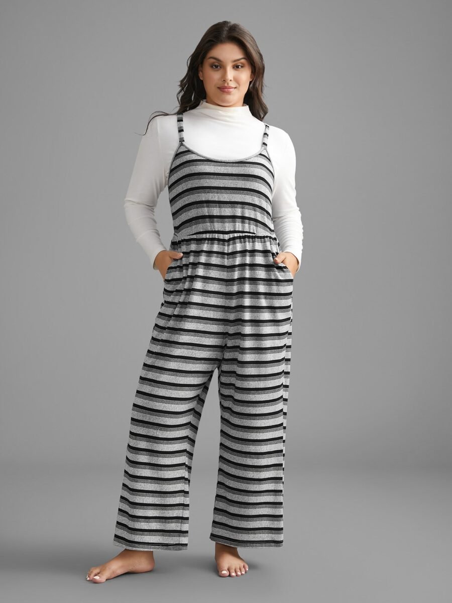 Striped U Neck Elastic Waist Sleep Jumpsuit