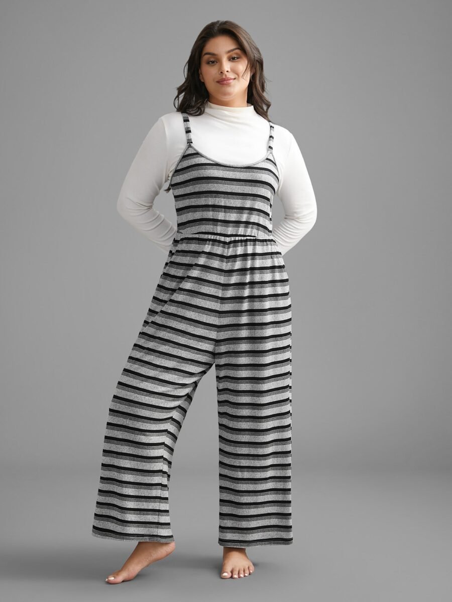 Striped U Neck Elastic Waist Sleep Jumpsuit - Image 3