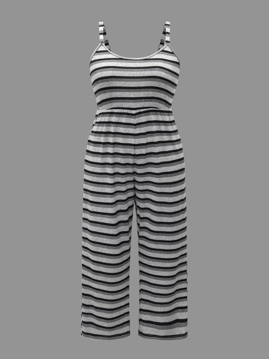 Striped U Neck Elastic Waist Sleep Jumpsuit - Image 7