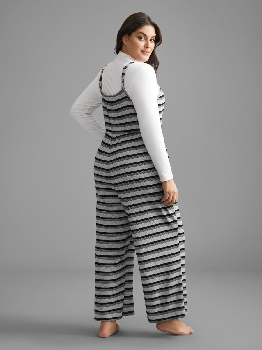 Striped U Neck Elastic Waist Sleep Jumpsuit - Image 4