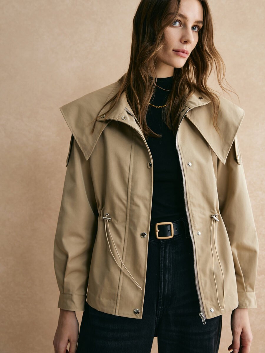 Drawstring Waist Zipper Trench Coat - Image 3