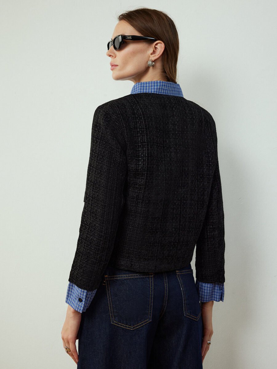 Plaid-Collar Short Jacket - Image 7