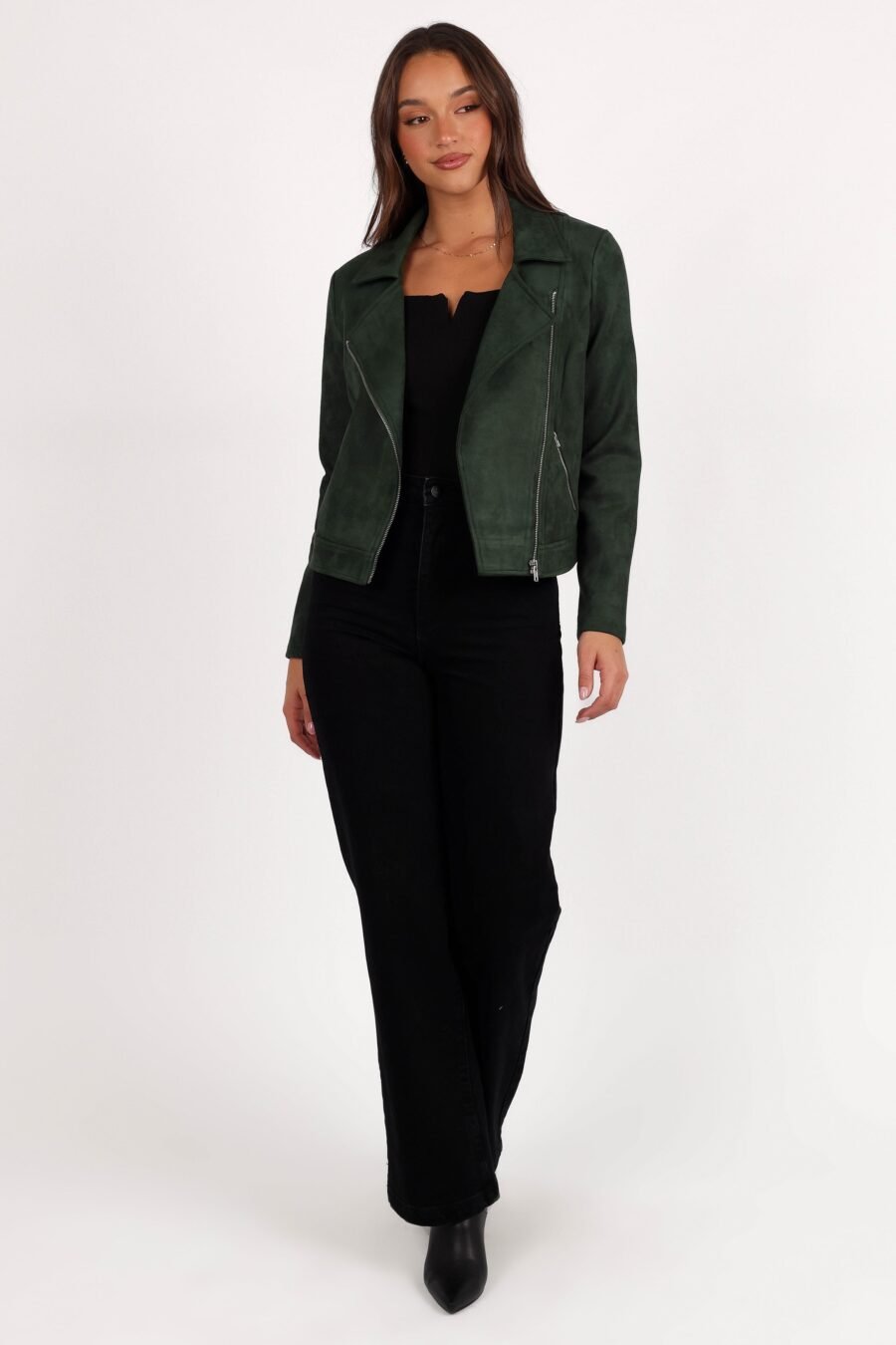 Faux Suede Moto Jacket - Olive - Image 3