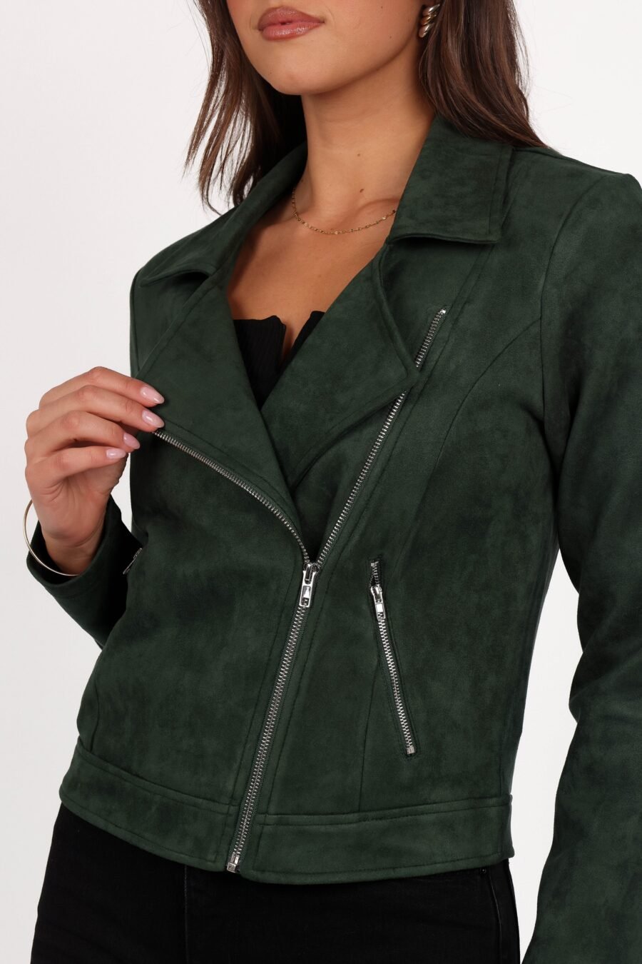 Faux Suede Moto Jacket - Olive - Image 2
