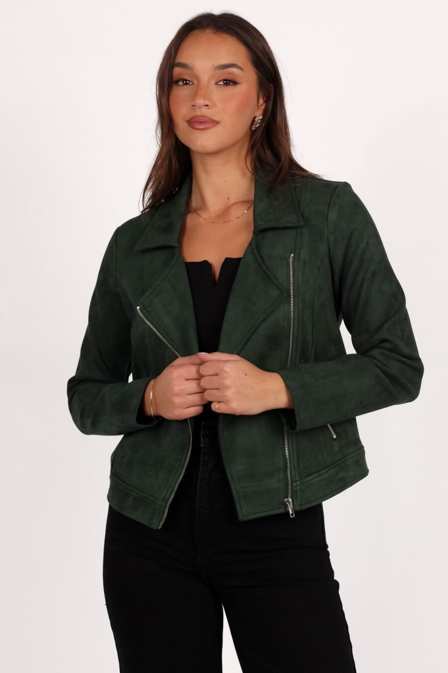 Faux Suede Moto Jacket - Olive