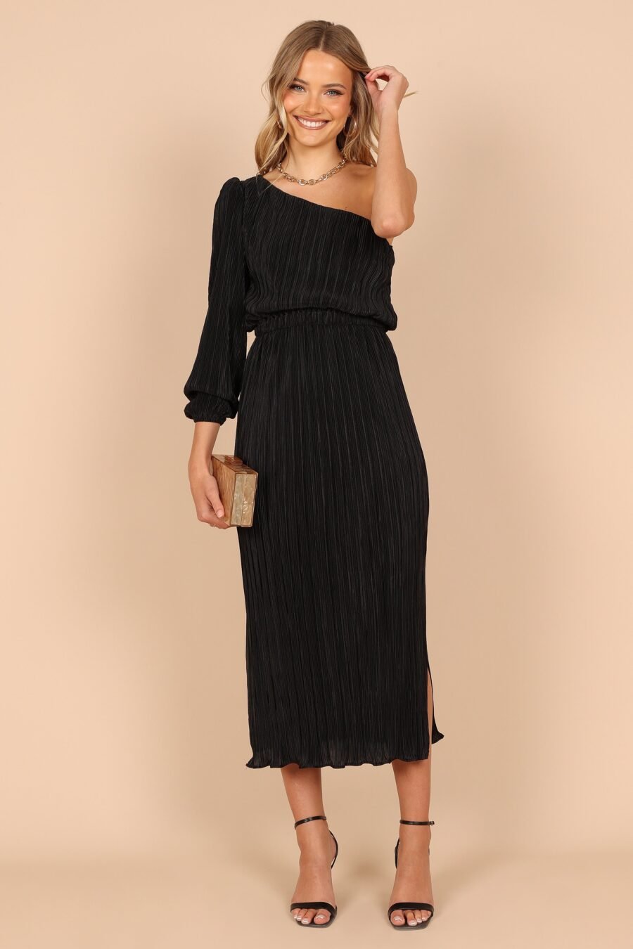 One Shoulder Pleated Midi Dress - Black - Image 5