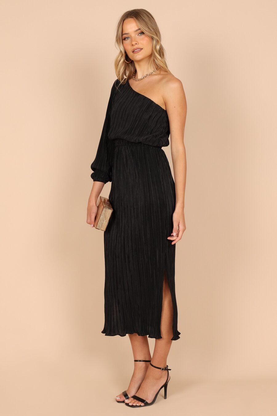 One Shoulder Pleated Midi Dress - Black - Image 8