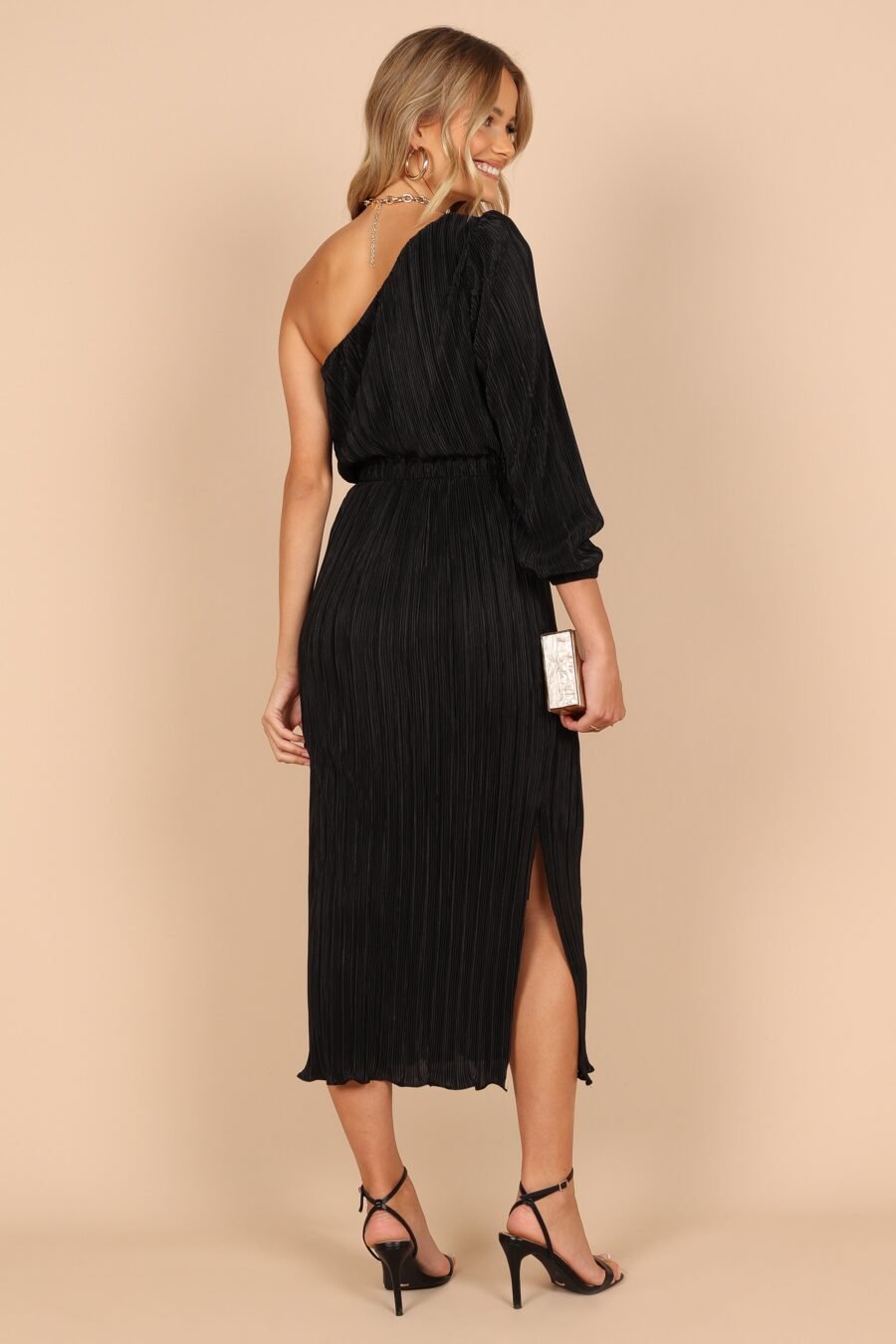 One Shoulder Pleated Midi Dress - Black - Image 9