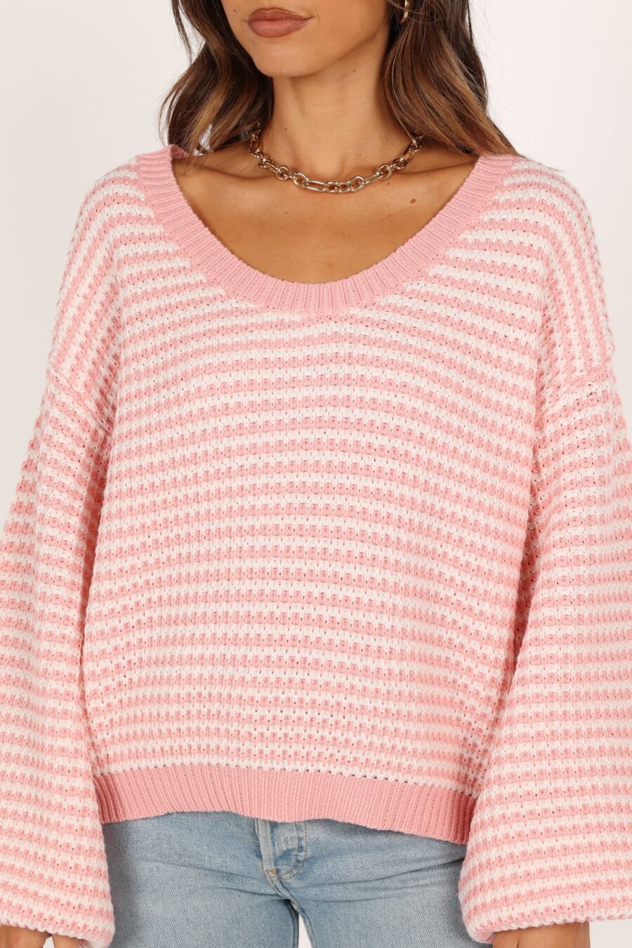 Crewneck Waffle Stitch Stripe Knit Sweater - Pink - Image 2