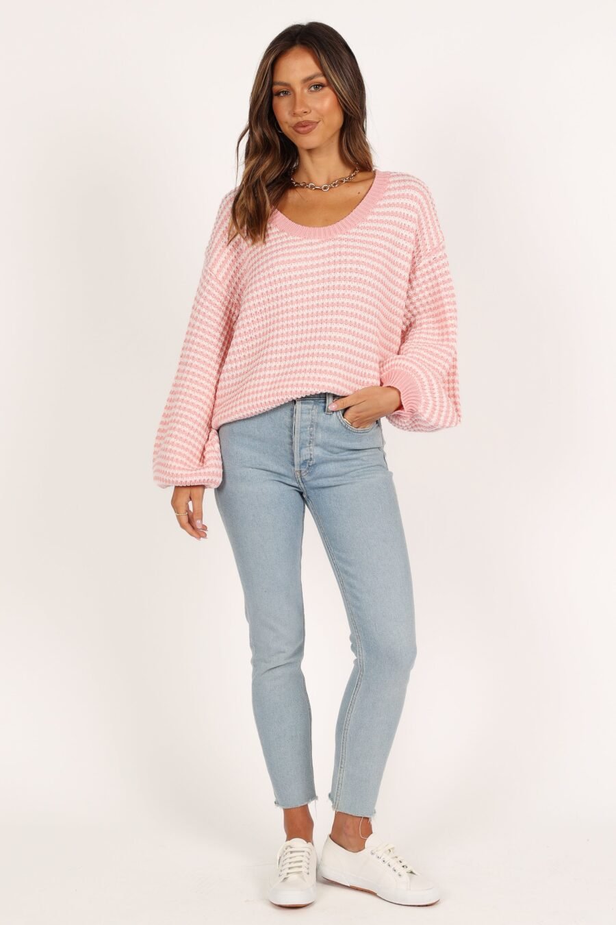 Crewneck Waffle Stitch Stripe Knit Sweater - Pink - Image 3