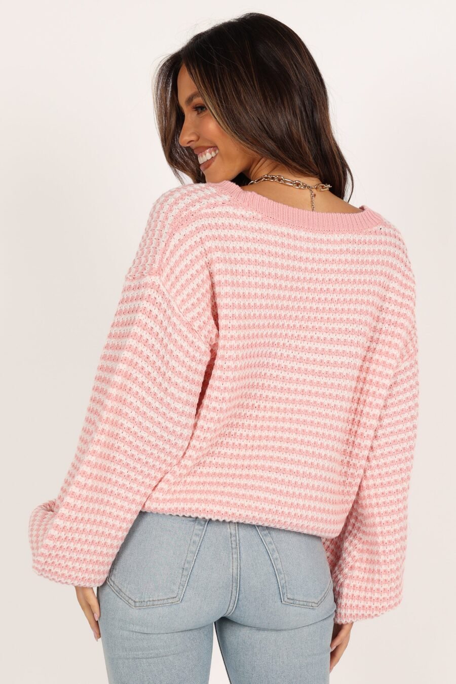 Crewneck Waffle Stitch Stripe Knit Sweater - Pink - Image 6