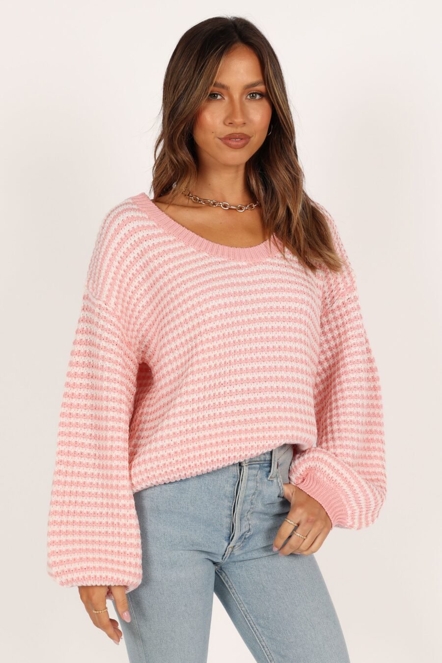 Crewneck Waffle Stitch Stripe Knit Sweater - Pink - Image 7