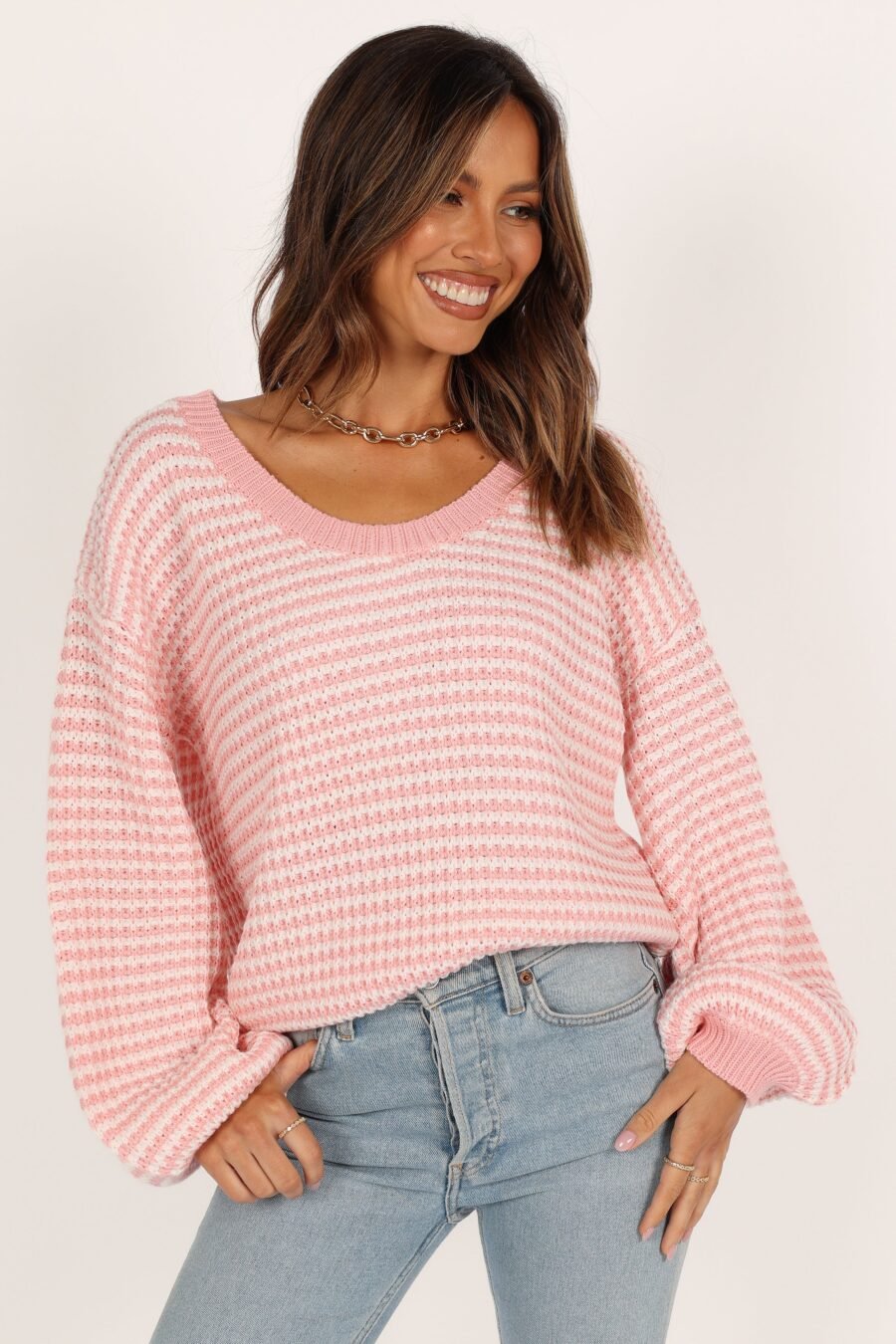 Crewneck Waffle Stitch Stripe Knit Sweater - Pink - Image 9