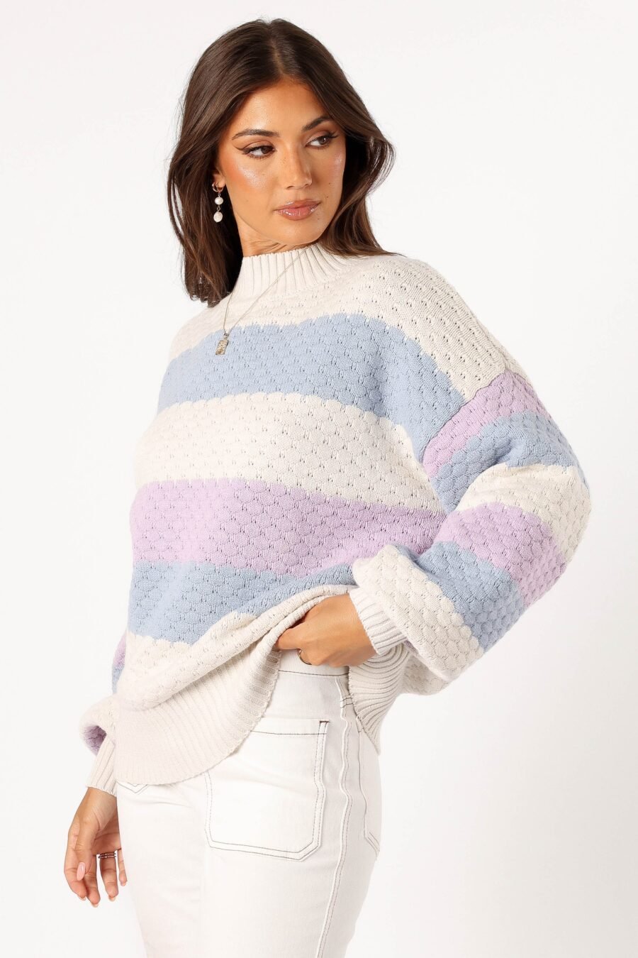 Multi Stripe Knit Sweater - White Light Blue - Image 3