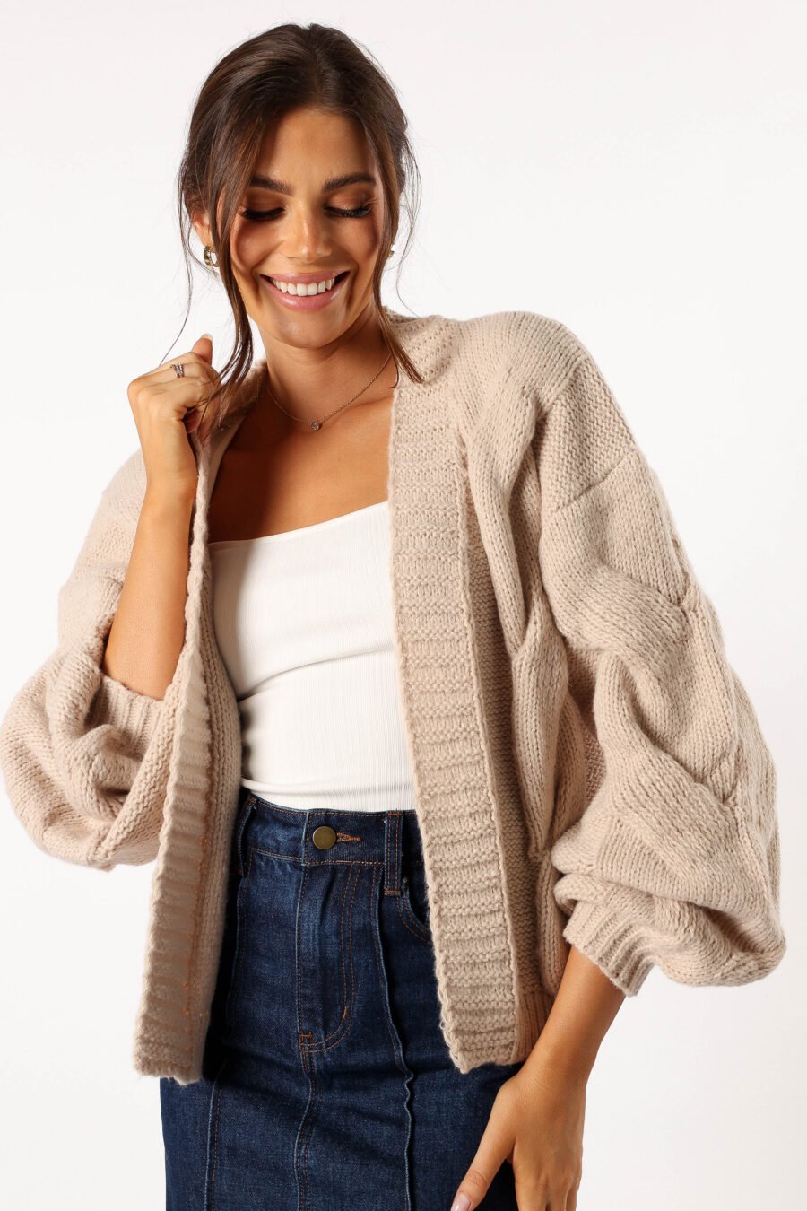 Oaklee Large Knit Back Cardigan - Tan - Image 5