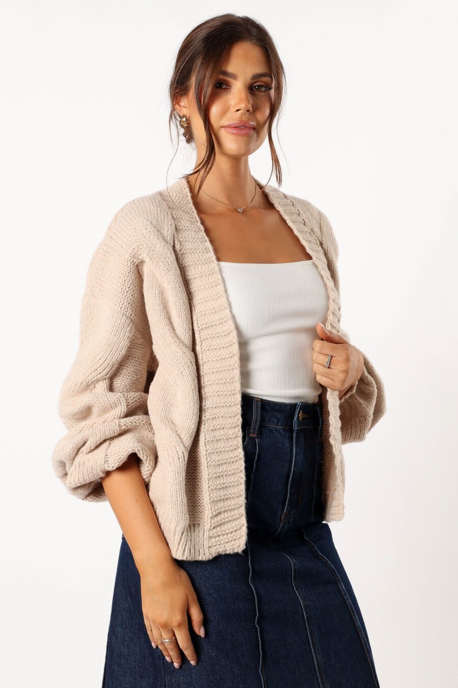 Oaklee Large Knit Back Cardigan - Tan - Image 4